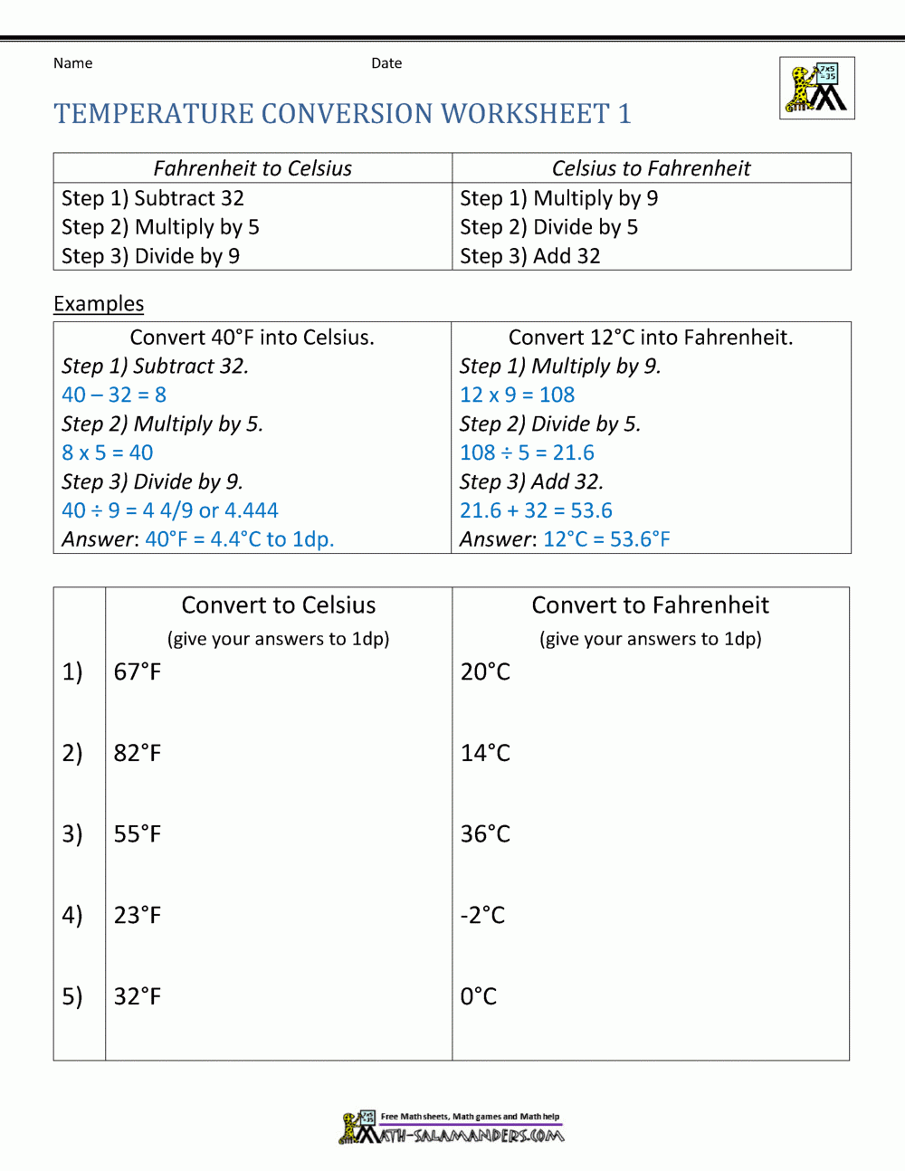 Temperature Conversion Worksheet