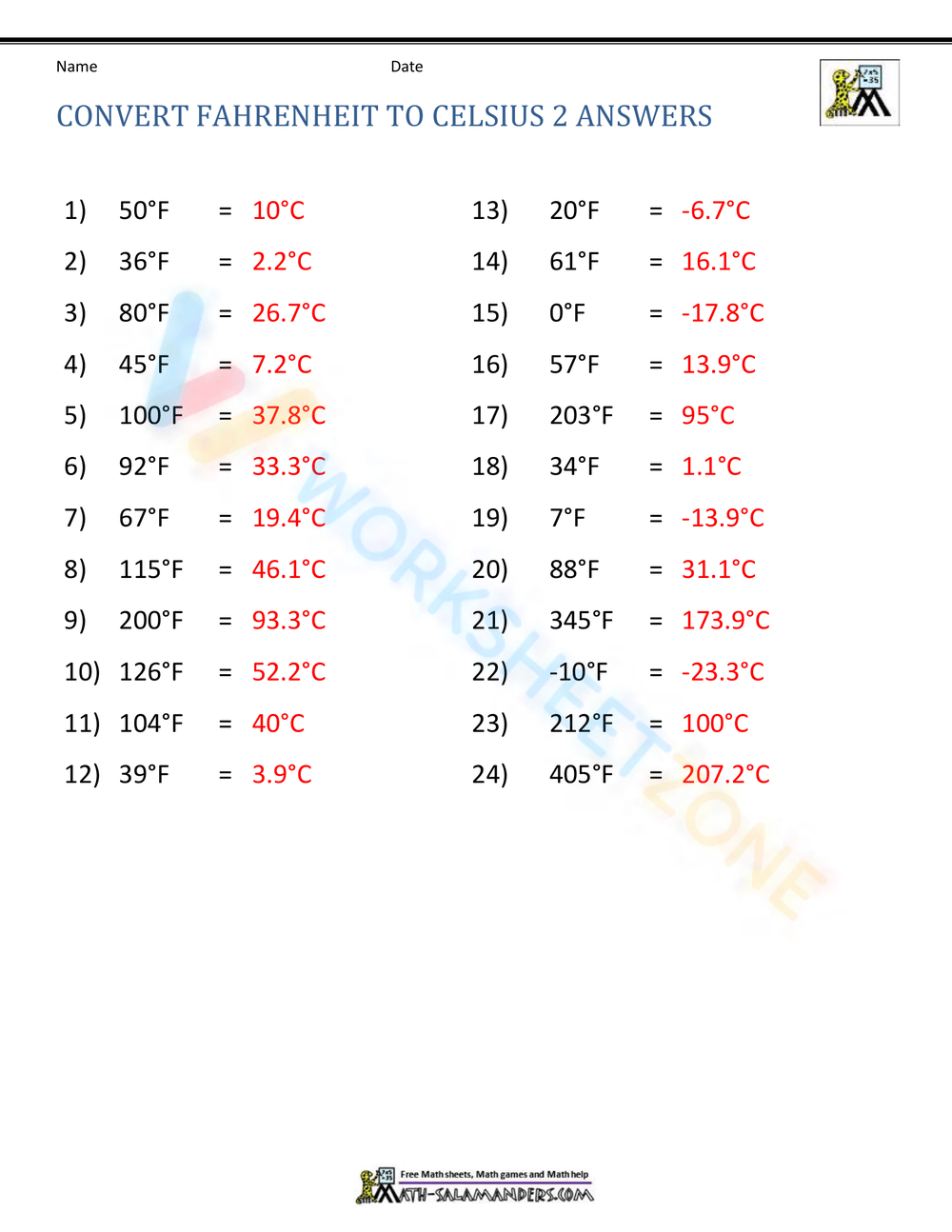 Free Printable Temperature Conversion Worksheet