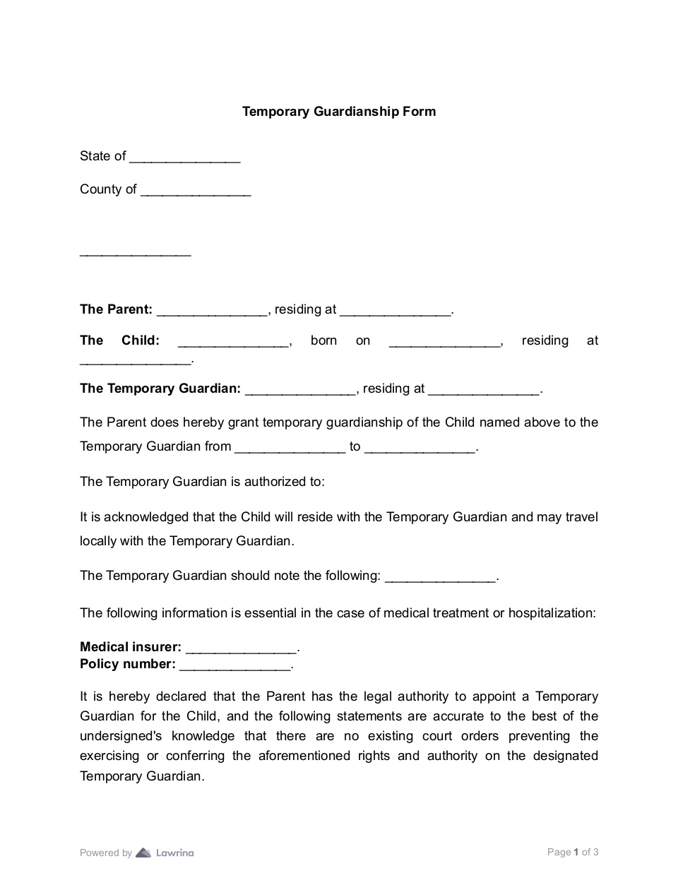 Temporary Guardianship Form PDF Lawrina