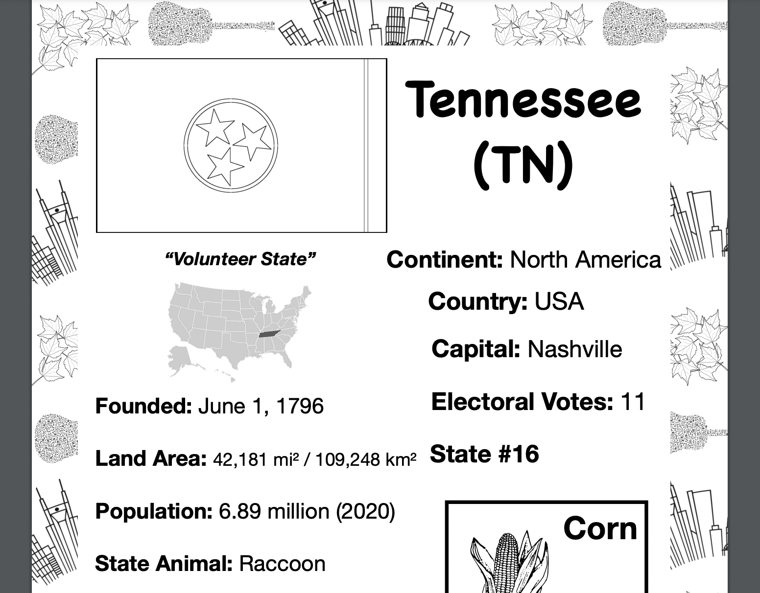 Free Printable Tennessee Worksheets