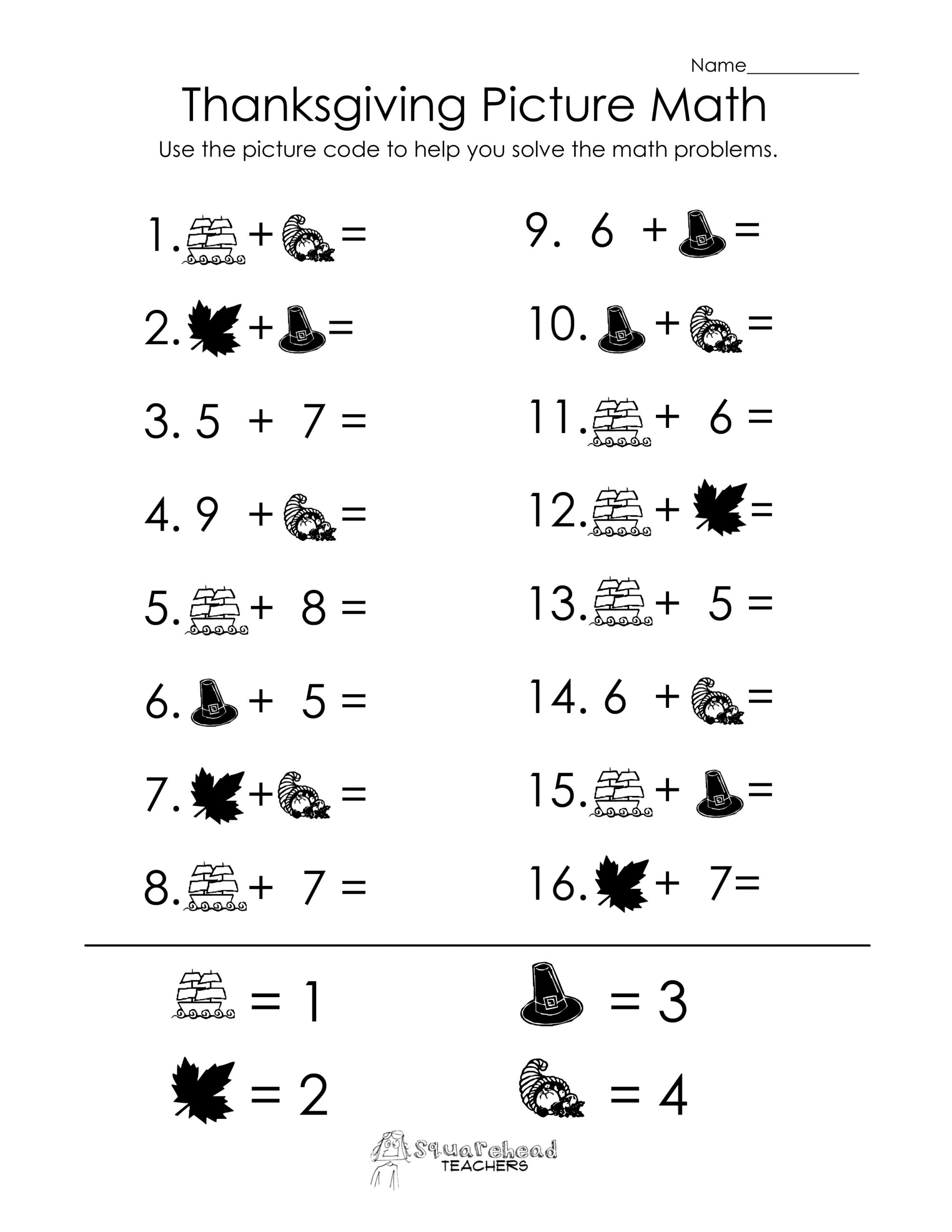 Thanksgiving Picture Math Worksheet Squarehead Teachers