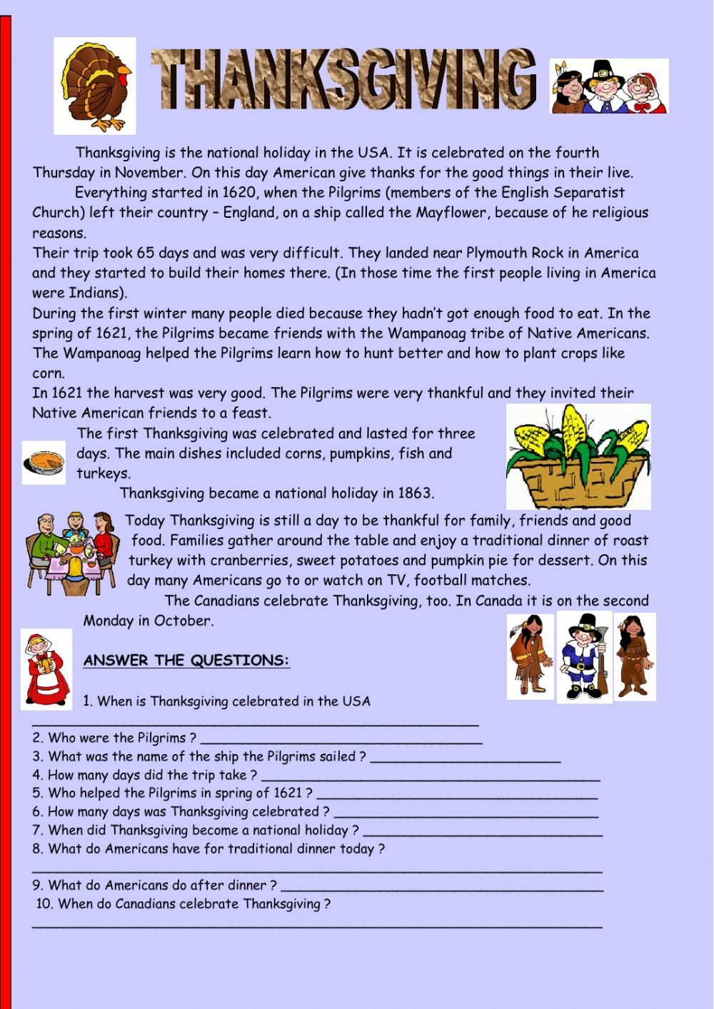 Thanksgiving Reading Comprehension Worksheet