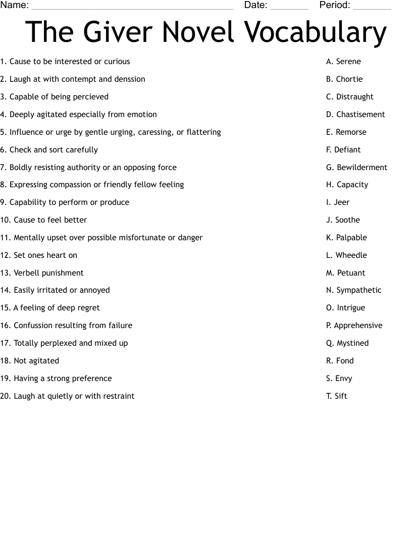 The Giver Novel Vocabulary Worksheet WordMint