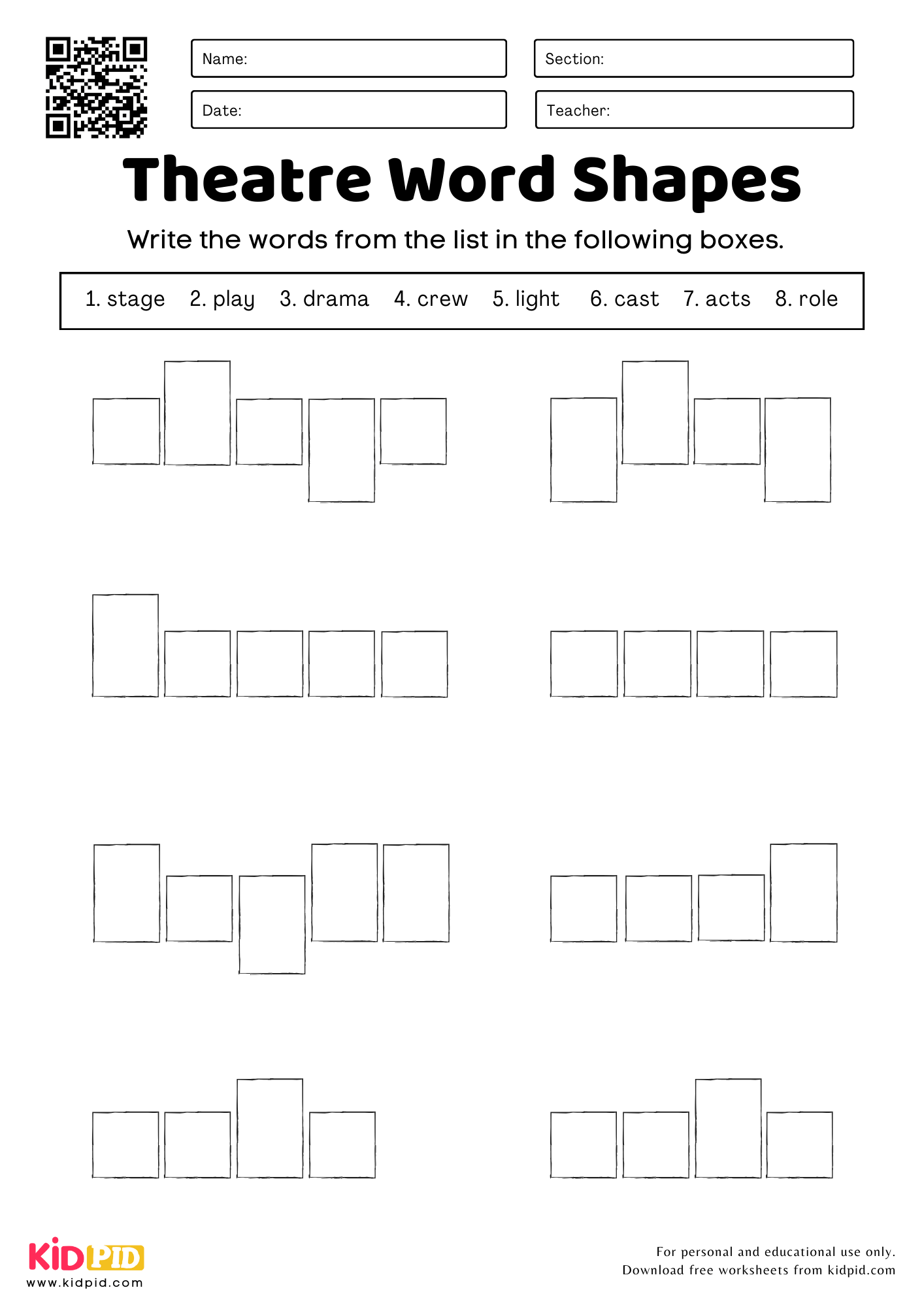 Theatre Word Shapes Worksheet For Grade 3 Kidpid