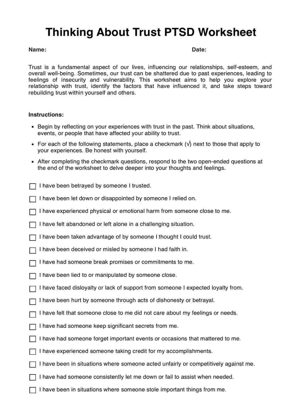 Thinking About Trust PTSD Worksheet U0026 Example Free PDF Download