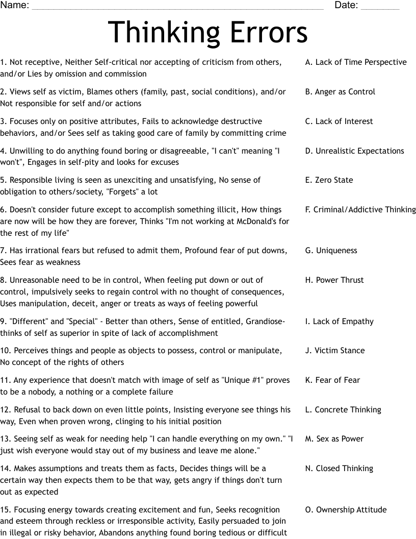 Thinking Errors Worksheet WordMint