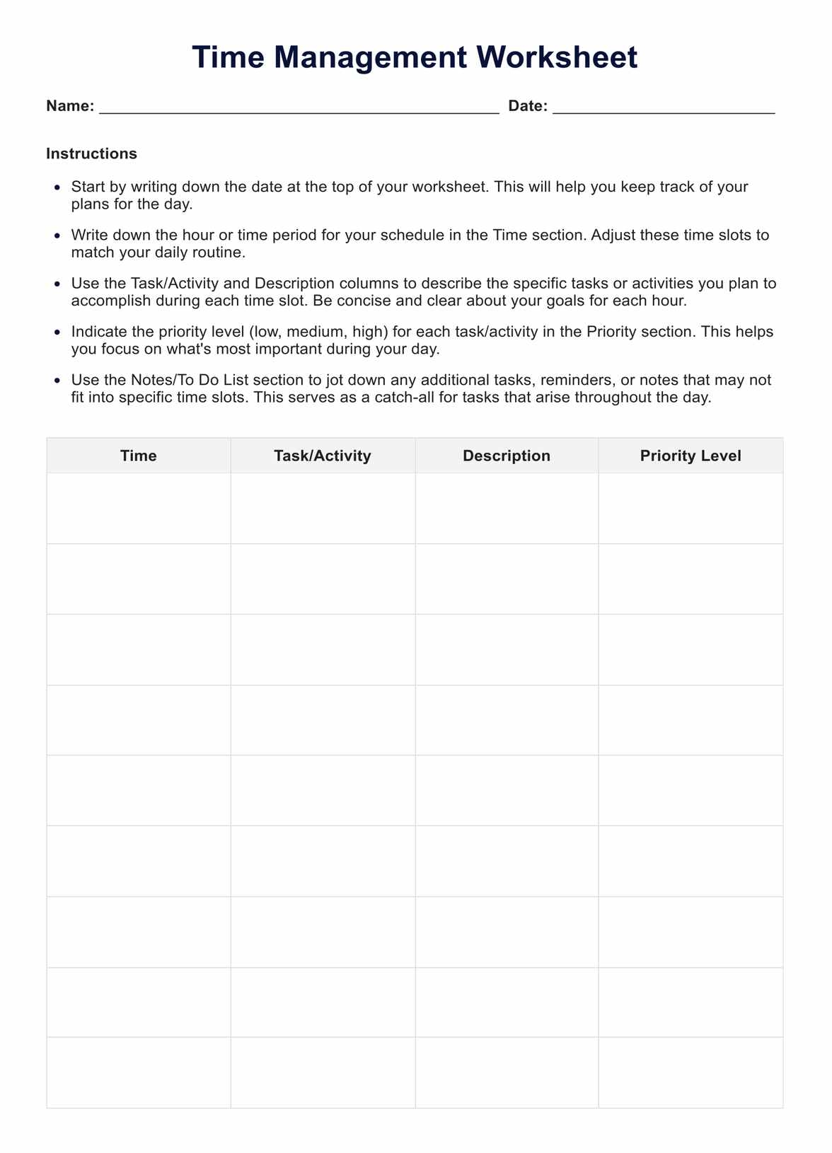 Time Management Worksheets U0026 Example Free PDF Download