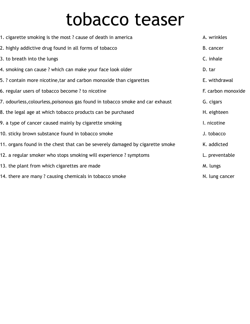 Tobacco Teaser Worksheet WordMint Tobacco Teaser Worksheet WordMint