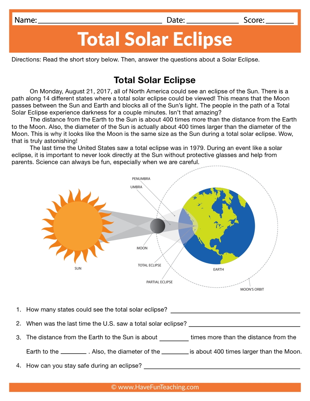 Total Solar Eclipse Worksheet Have Fun Teaching