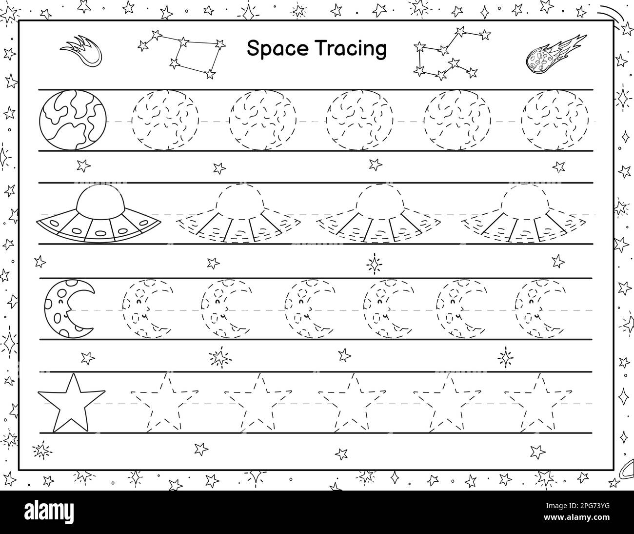 Trace Space Objects Activity Page For Kids Black And White Handwriting Practice Worksheet Stock Vector Image U0026 Art Alamy