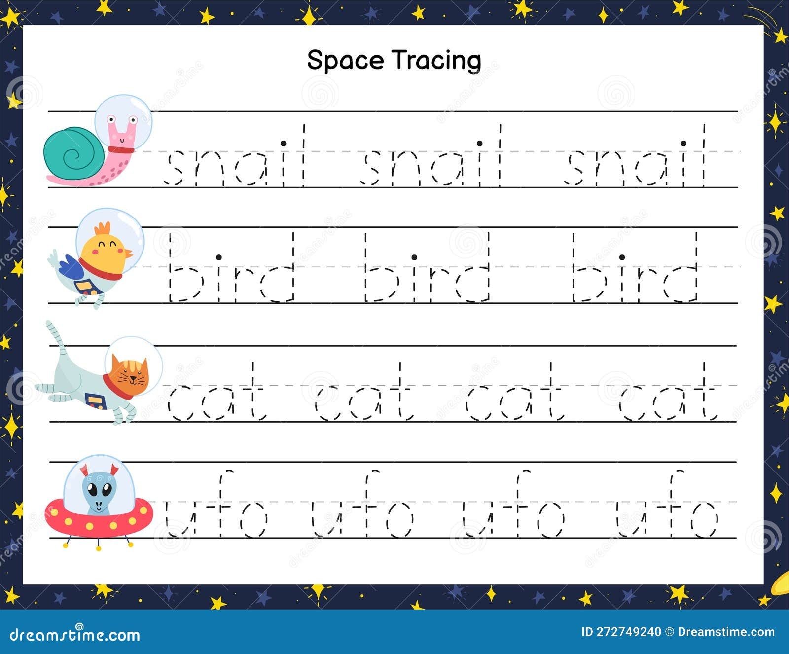 Trace Words Activity Page For Kids Handwriting Practice Worksheet With Funny Space Characters Stock Vector Illustration Of Worksheet Trace 272749240