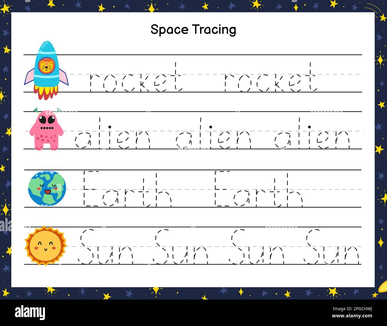 Trace Words Activity Page For Kids Handwriting Practice Worksheet With Funny Space Characters Stock Vector Image U0026 Art Alamy
