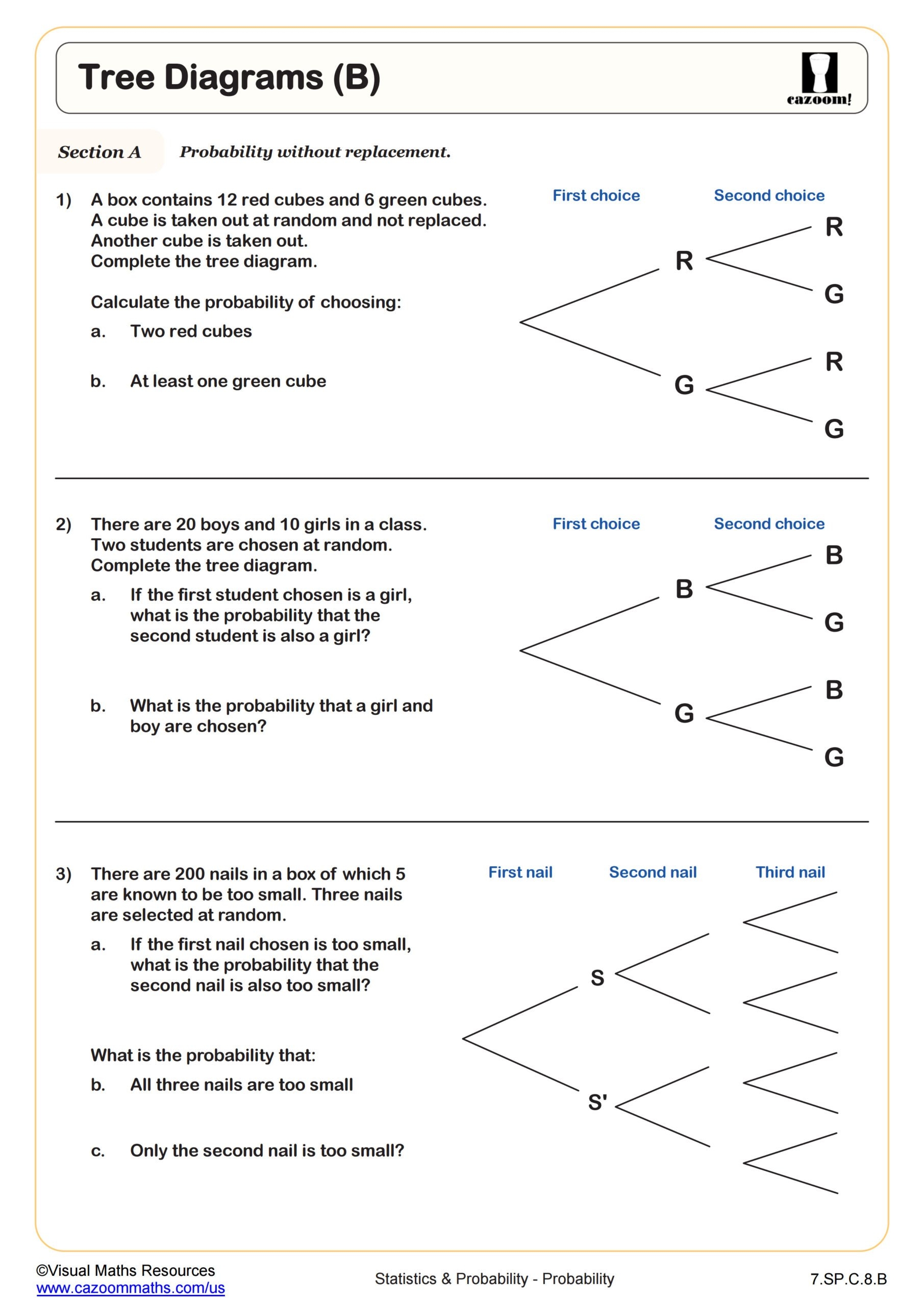 Tree Diagrams B Worksheet PDF Printable Statistics U0026 Probability Worksheet