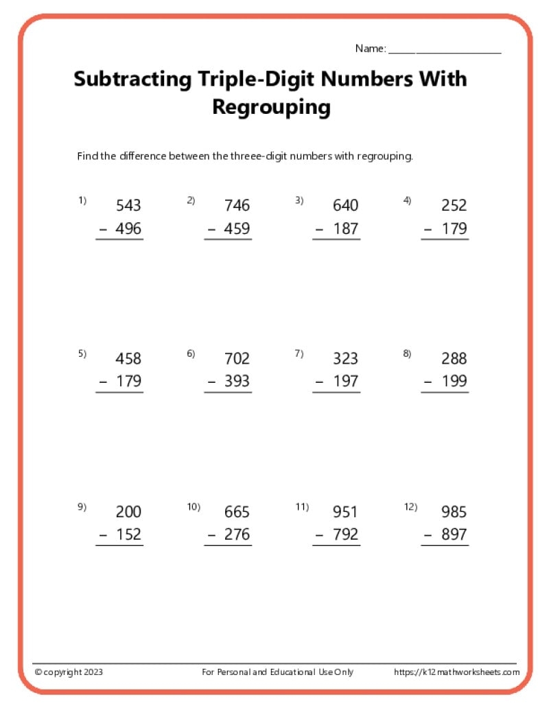 Triple Digit Subtraction With Regrouping Worksheets