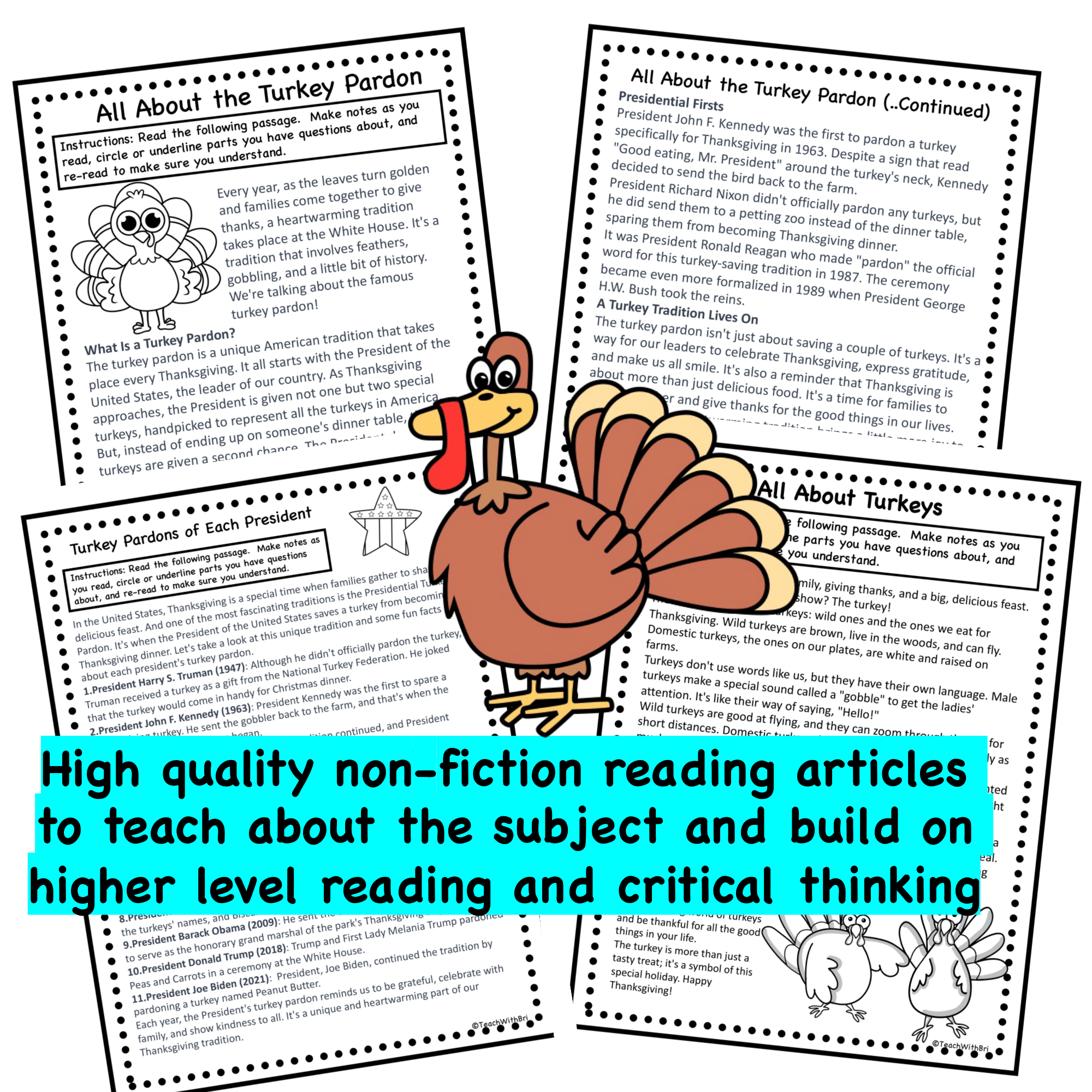 Turkey Pardon Reading Comprehension Worksheet Pack Classful