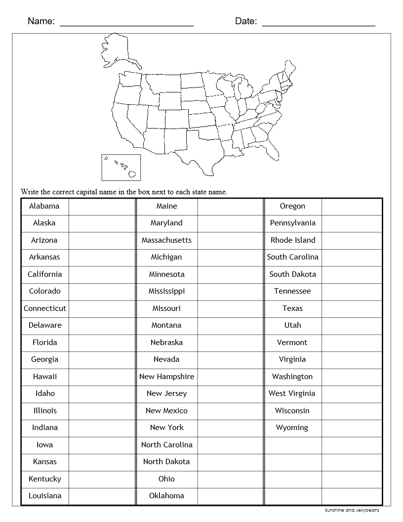 Free Printable States Capitals Worksheet