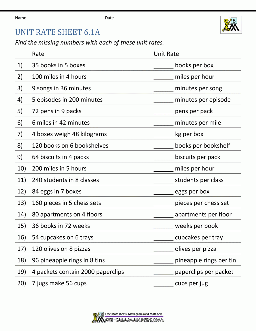 Unit Rate Problems 6th Grade