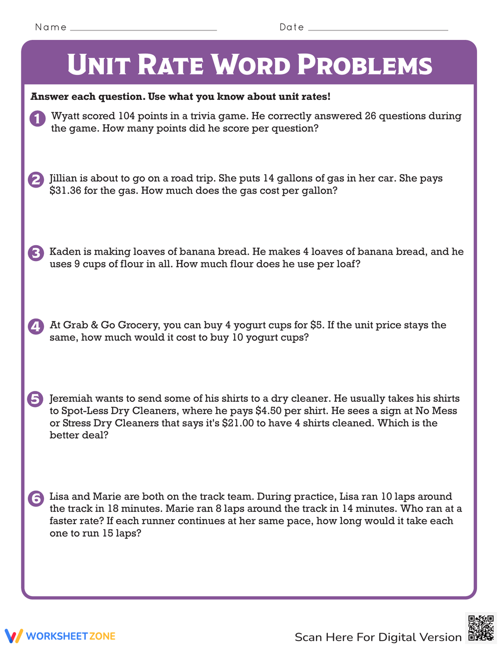 Unit Rates Worksheets 2025