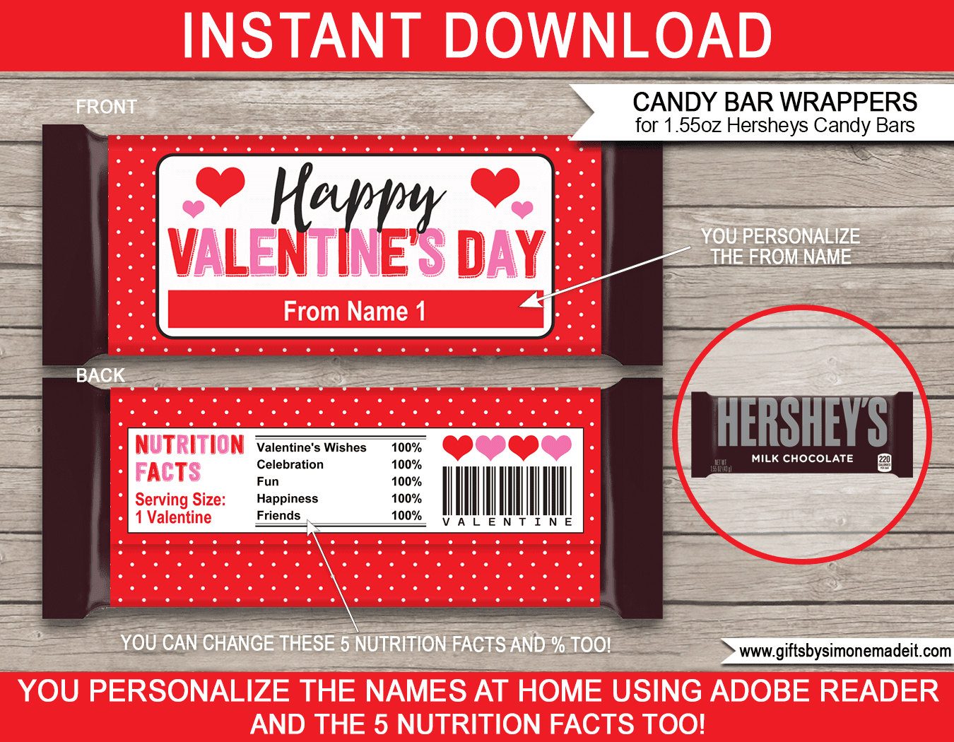 Valentine Candy Bar Wrappers 1 55oz Hersheys Red Polkadot