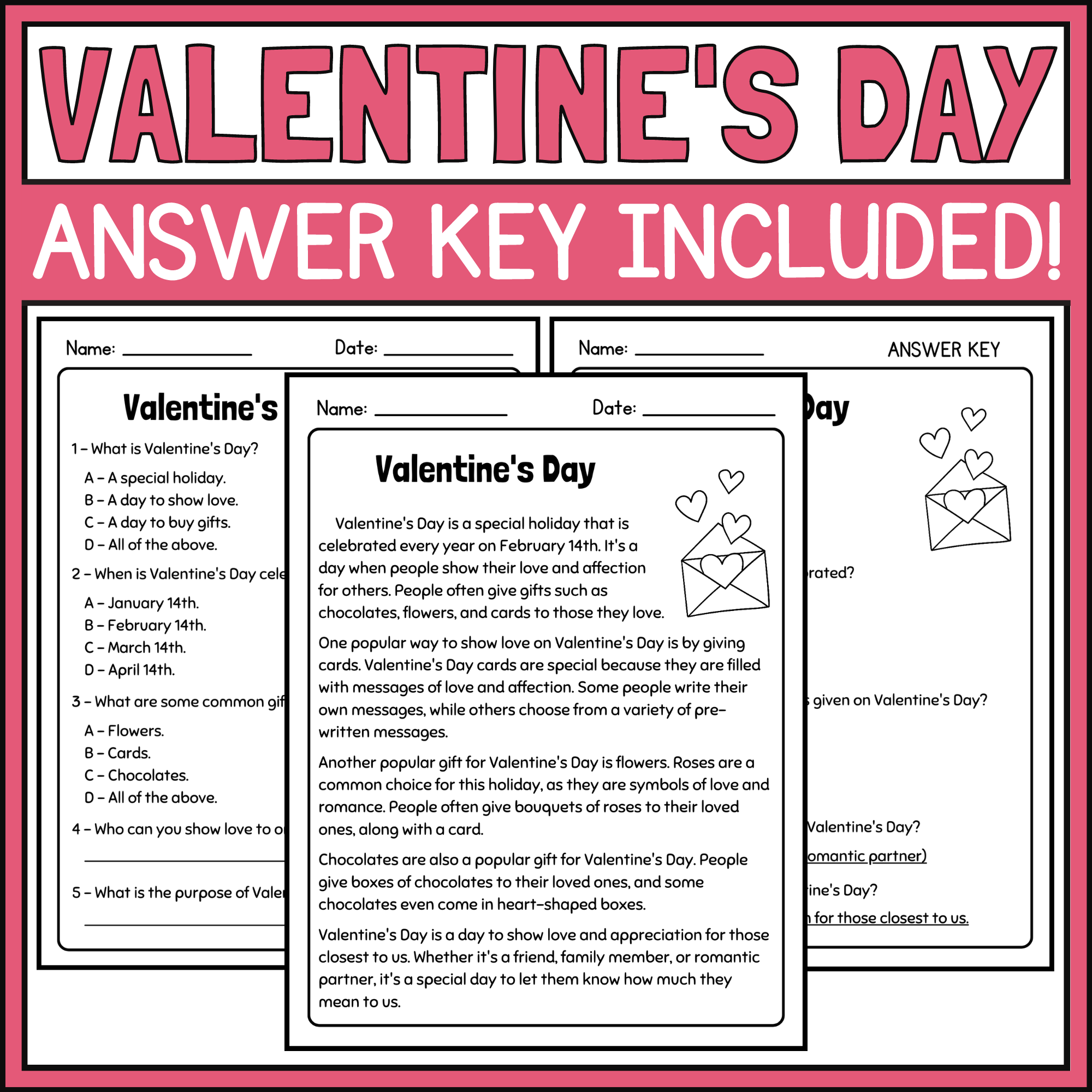 Valentine s Day Article And Reading Comprehension Questions Made 