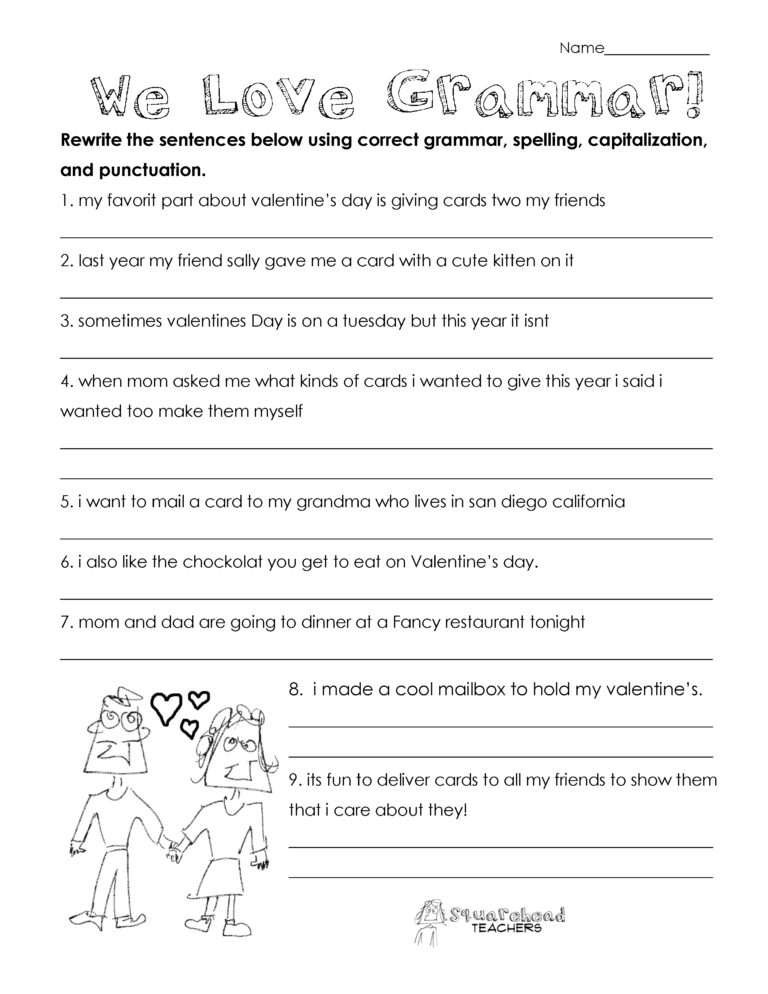 Valentine s Day Grammar free Worksheet For 3rd Grade And Up 