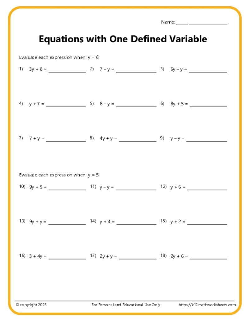 Variable Equations Worksheets