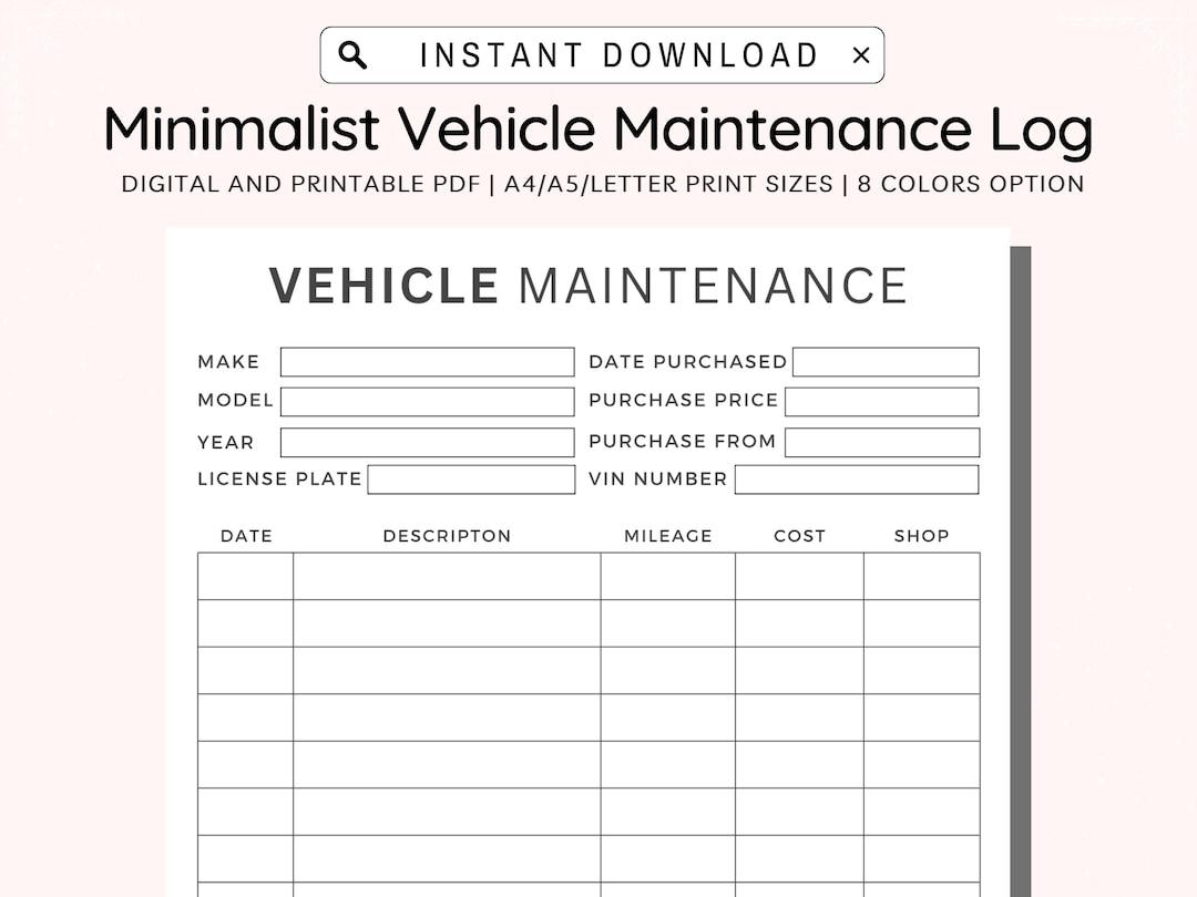 Vehicle Maintenance Log Printable Vehicle Service Tracker Vehicle Repairs Expense Tracker Car Maintenance A4 a5 letter half Letter PDF Etsy