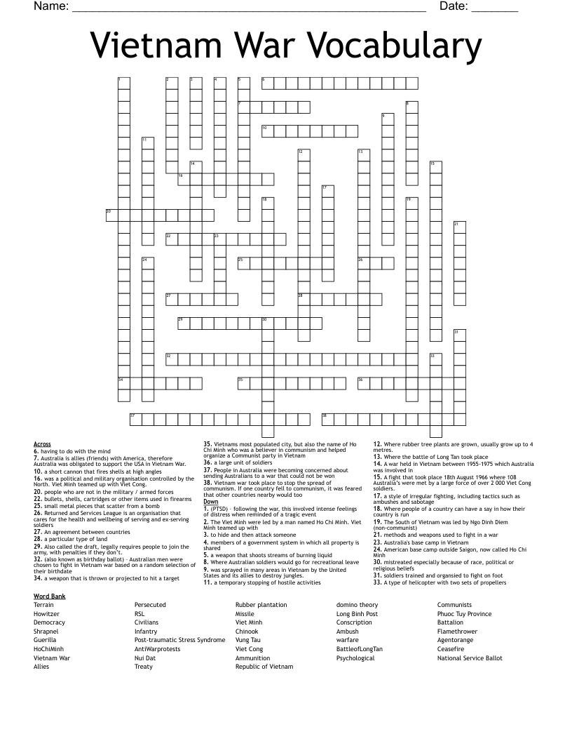 Vietnam War Vocabulary Crossword WordMint