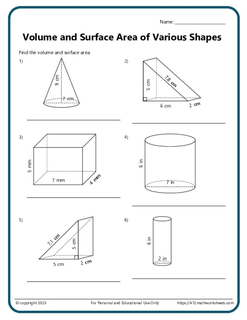Volume And Surface Area Of Various Shapes K12 Math Worksheets Volume And Surface Area Of Various Shapes K12 Math Worksheets