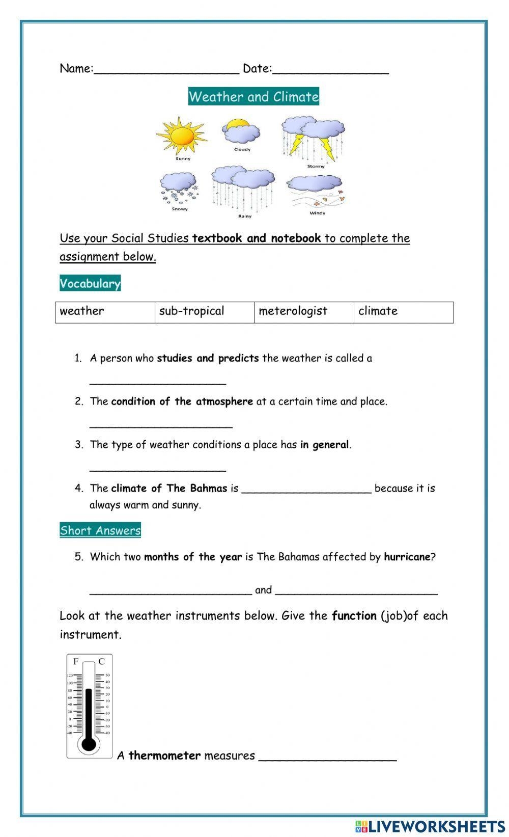 Weather And Climate Social Studies Worksheet Live Worksheets 