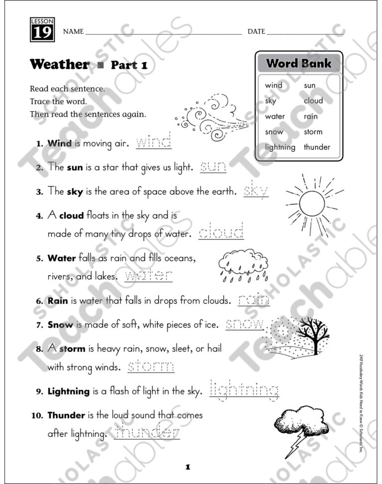 Weather Content Words Grade 1 Vocabulary Printable Skills Sheets Worksheets Library