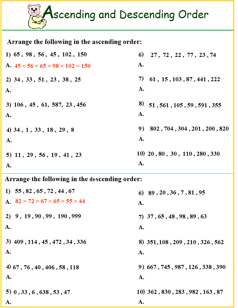 Worksheet On Ascending U0026 Descending Nos Worksheets Library