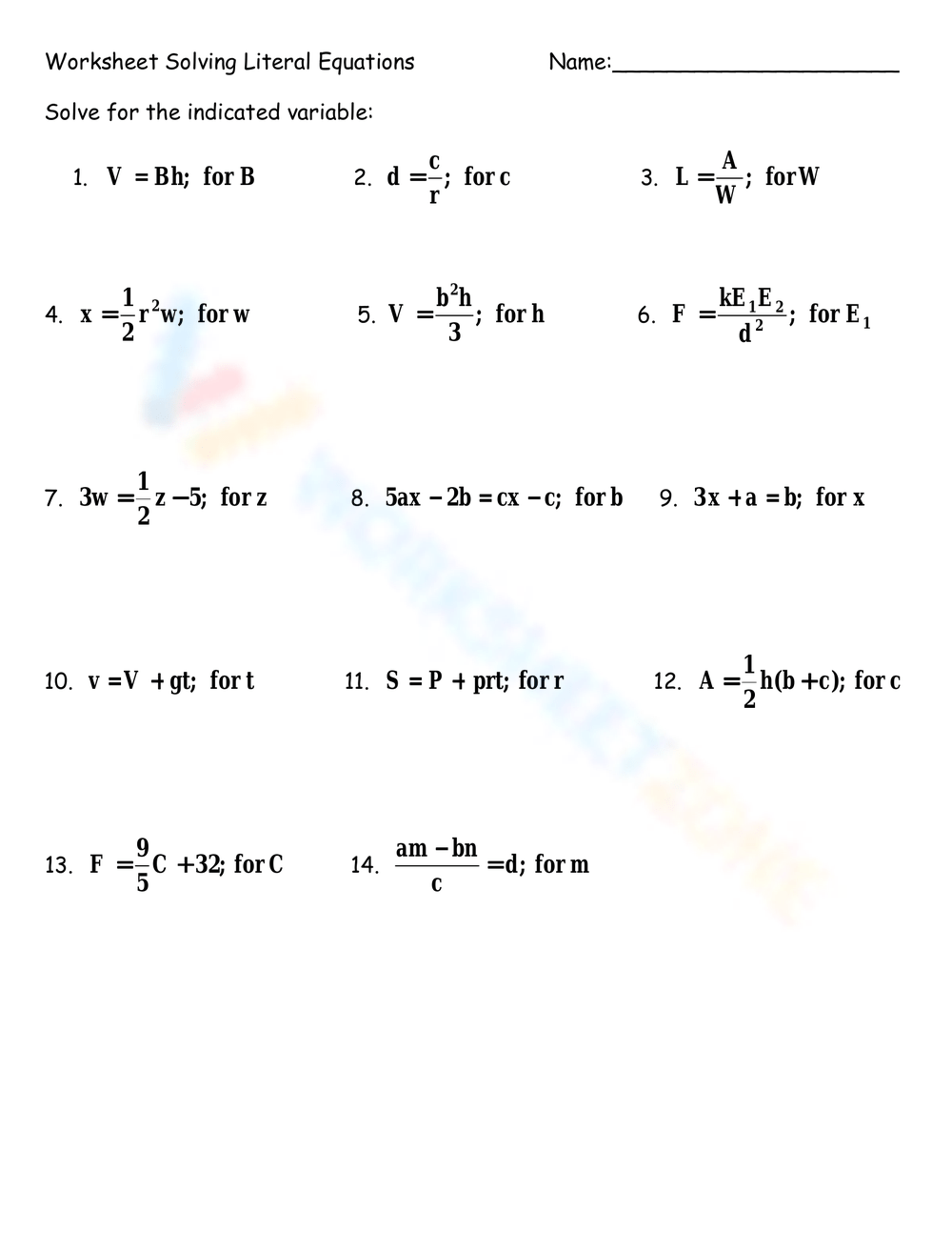 Free Printable Worksheets Literal Equations Pdf