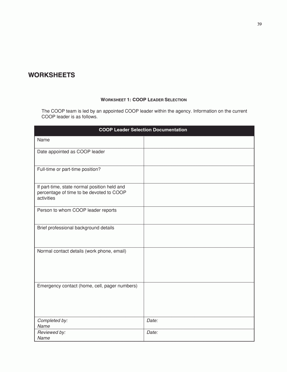 Worksheets Continuity Of Operations COOP Planning Guidelines 