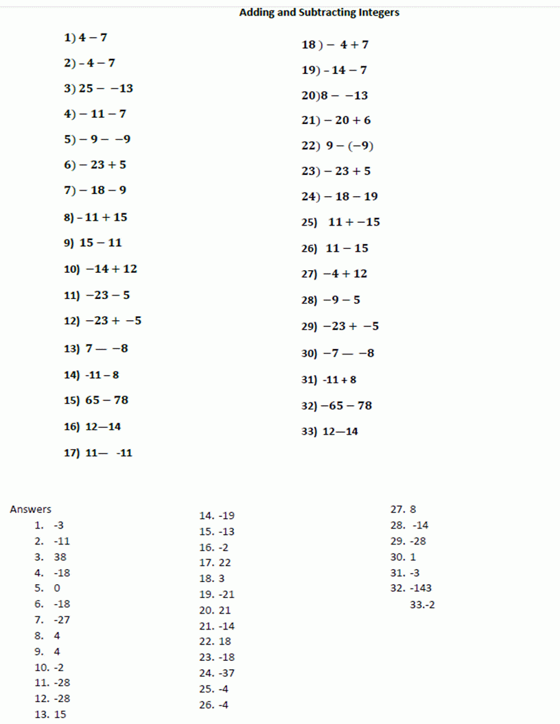 Free Printable Worksheets On Adding Integers
