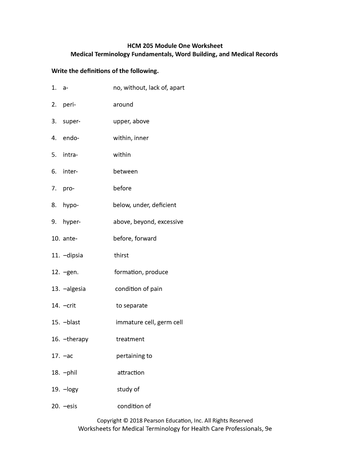 Medical Terminology Printable Worksheets