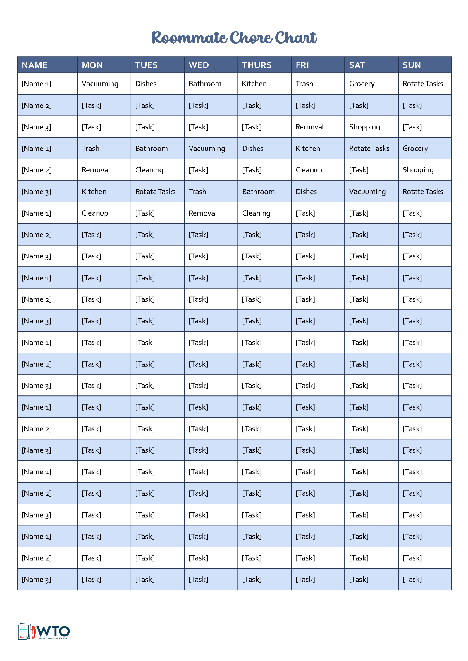 Printable Roommate Chore Chart