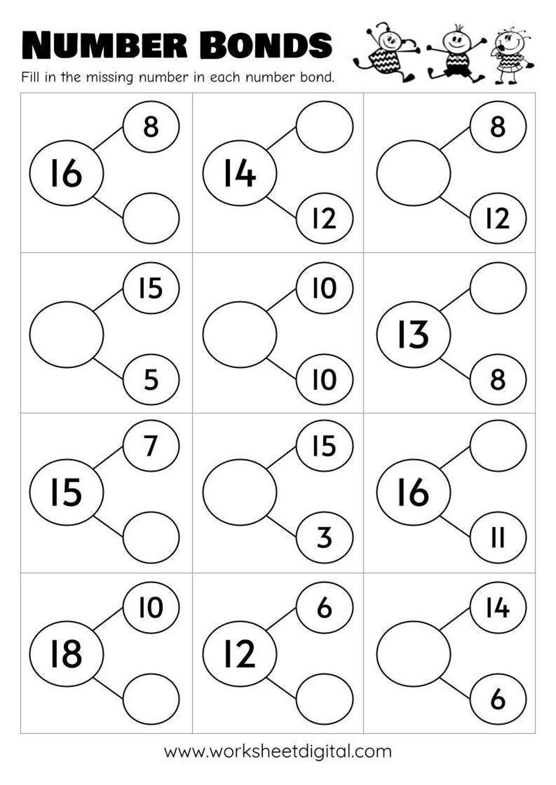 10 Printable Number Bonds Math Worksheets Numbers 1 To 20 Kindergarten First Grade Homeschool Etsy Denmark