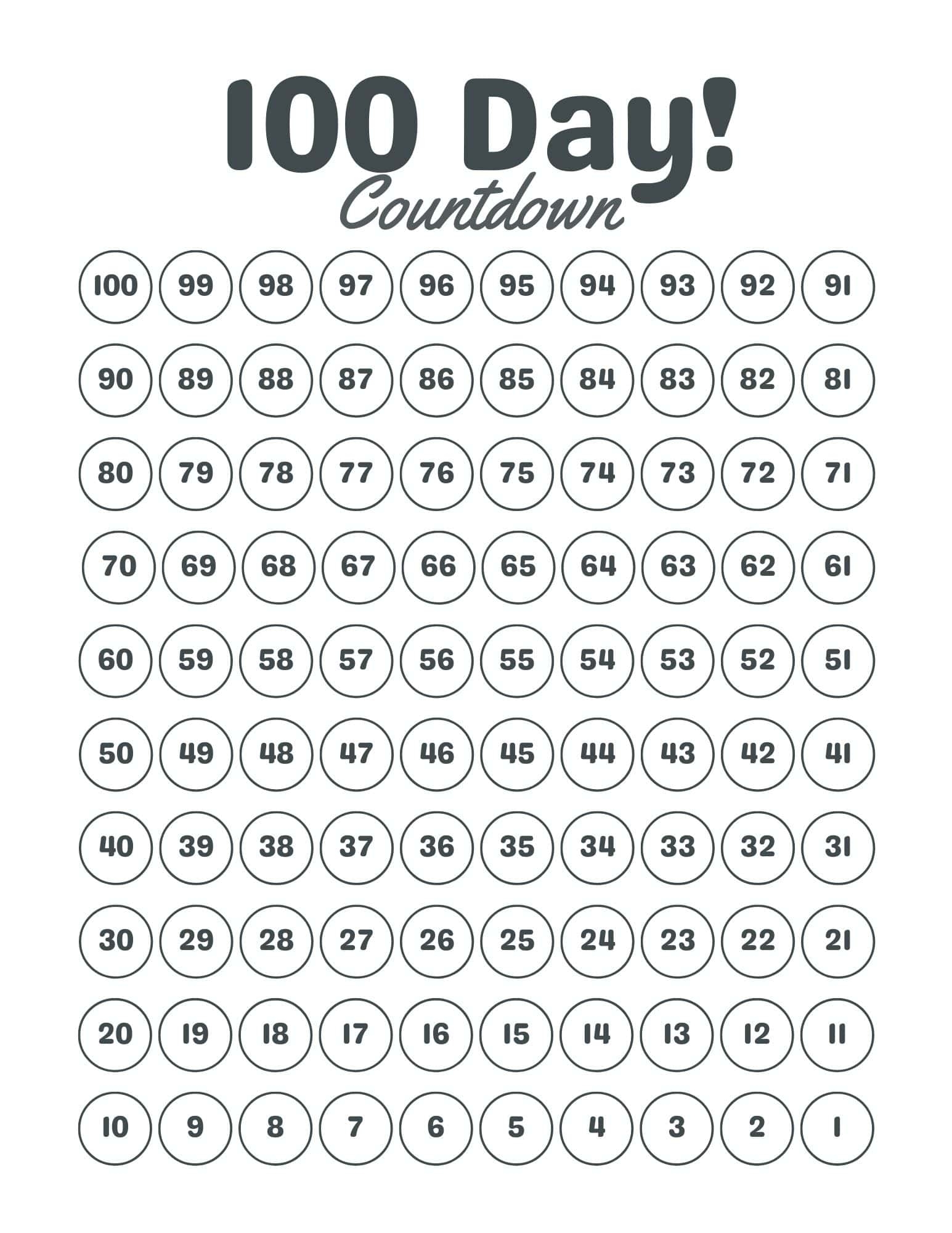 100 Day Countdown Calendar Printable FREE PDF