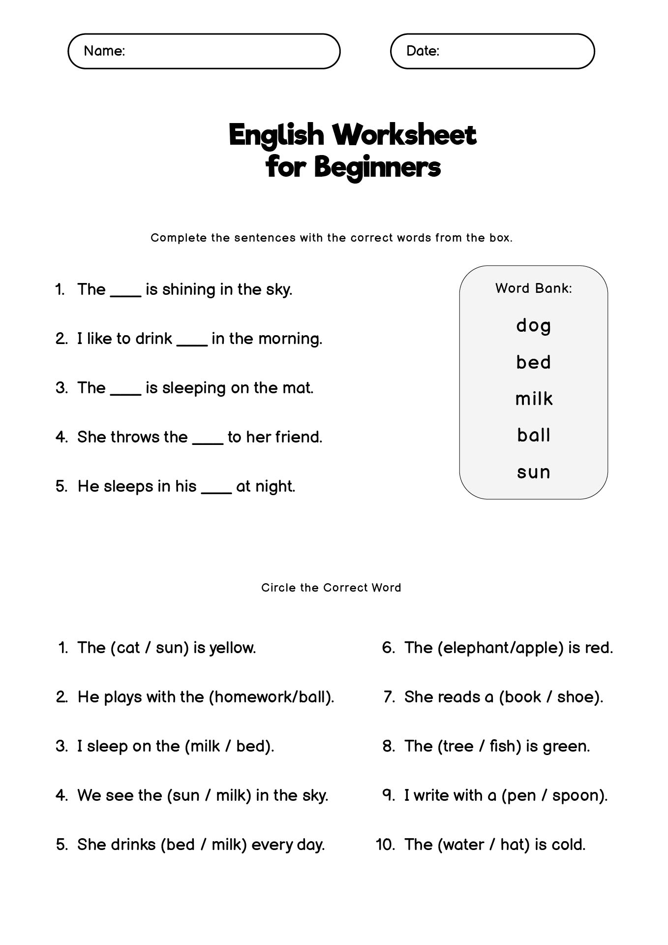Learning English Printable Worksheets