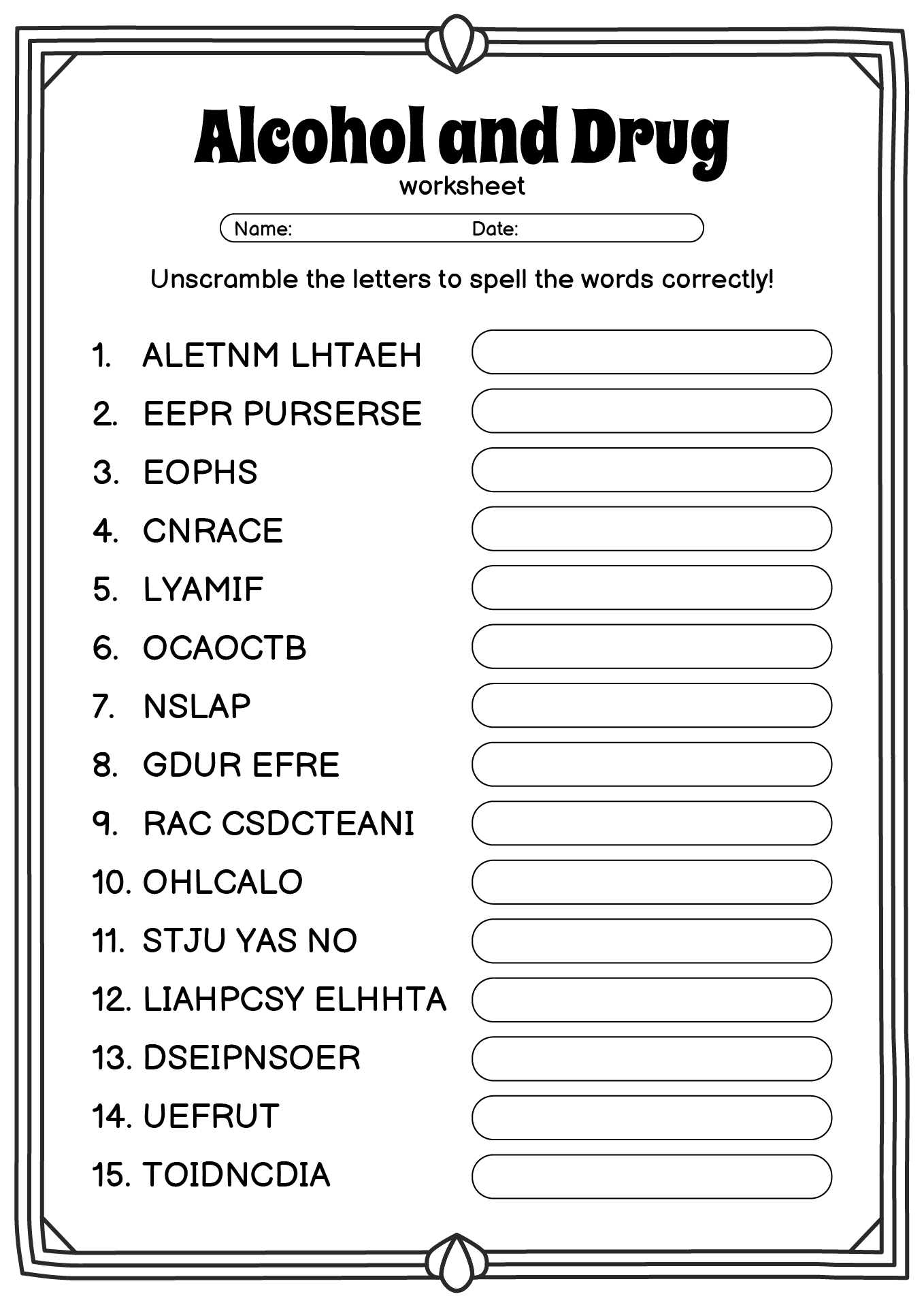 Printable Alcohol Worksheets