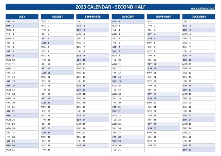 2023 Half Year Calendar To Print