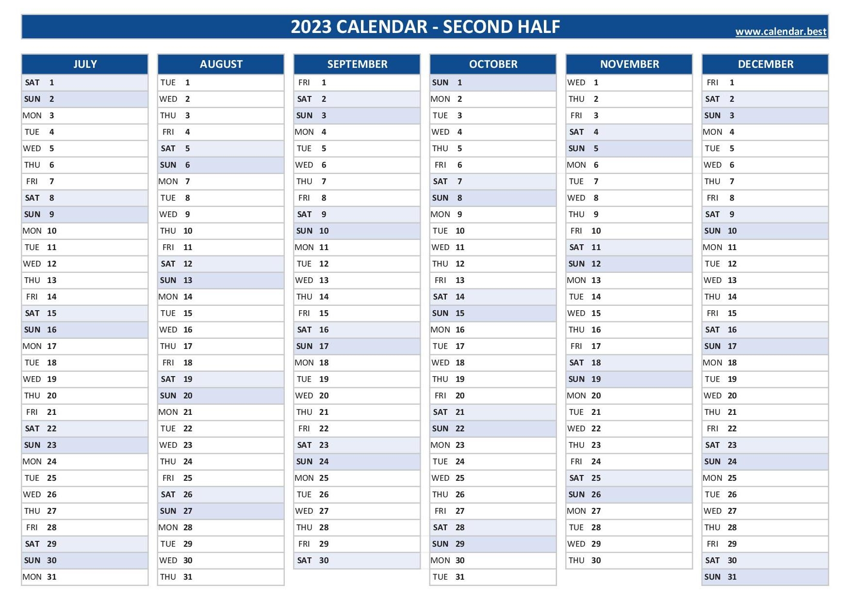 2023 Half Year Calendar To Print