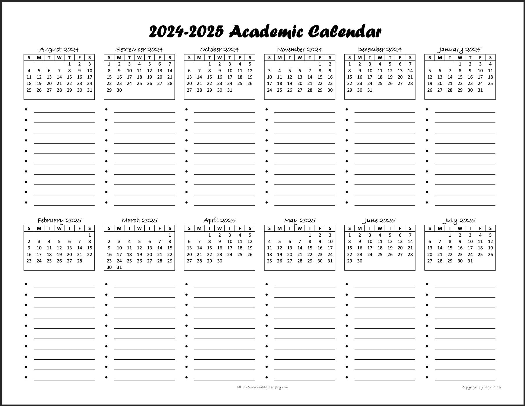 2024 2025 Academic Calendar dot 8 5x11 Instant PDF Download Etsy