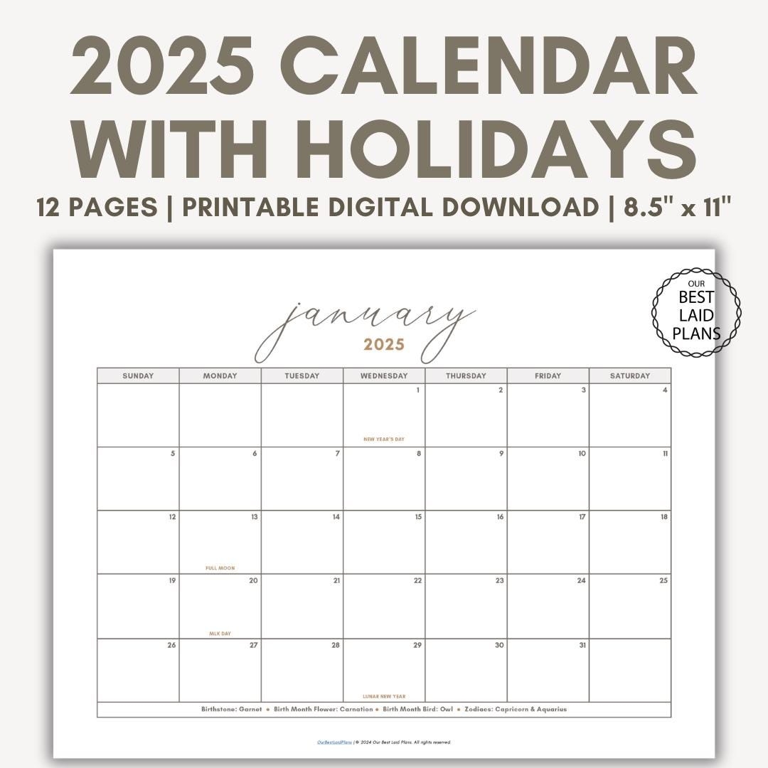 2025 Calendar With Holidays Printable 2025 Calendar With Holidays Printable Year 2025 Calendar With Holidays Printable Landscape PDF Etsy