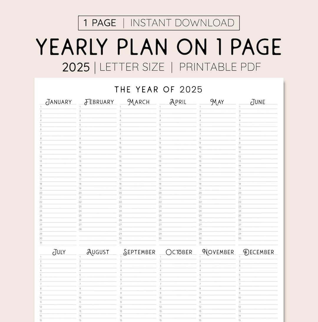 2025 Year At A Glance Printable Calendar PDF Etsy