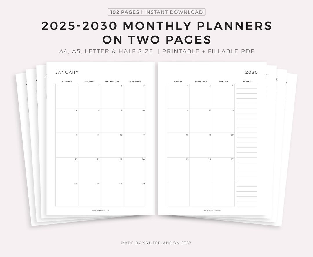 2026 2030 Monthly Calendars On Two Pages With Notes Printable Calendar Template PDF Year Calendar Monday sunday Start A4 a5 letter half Etsy