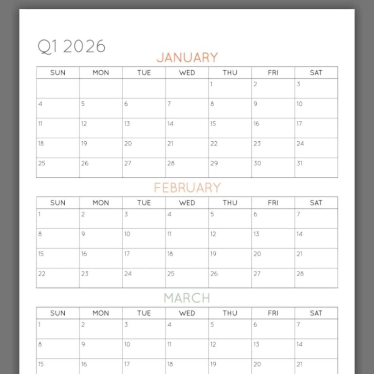 2026 3 Month Quarterly Calendar Printables FREE