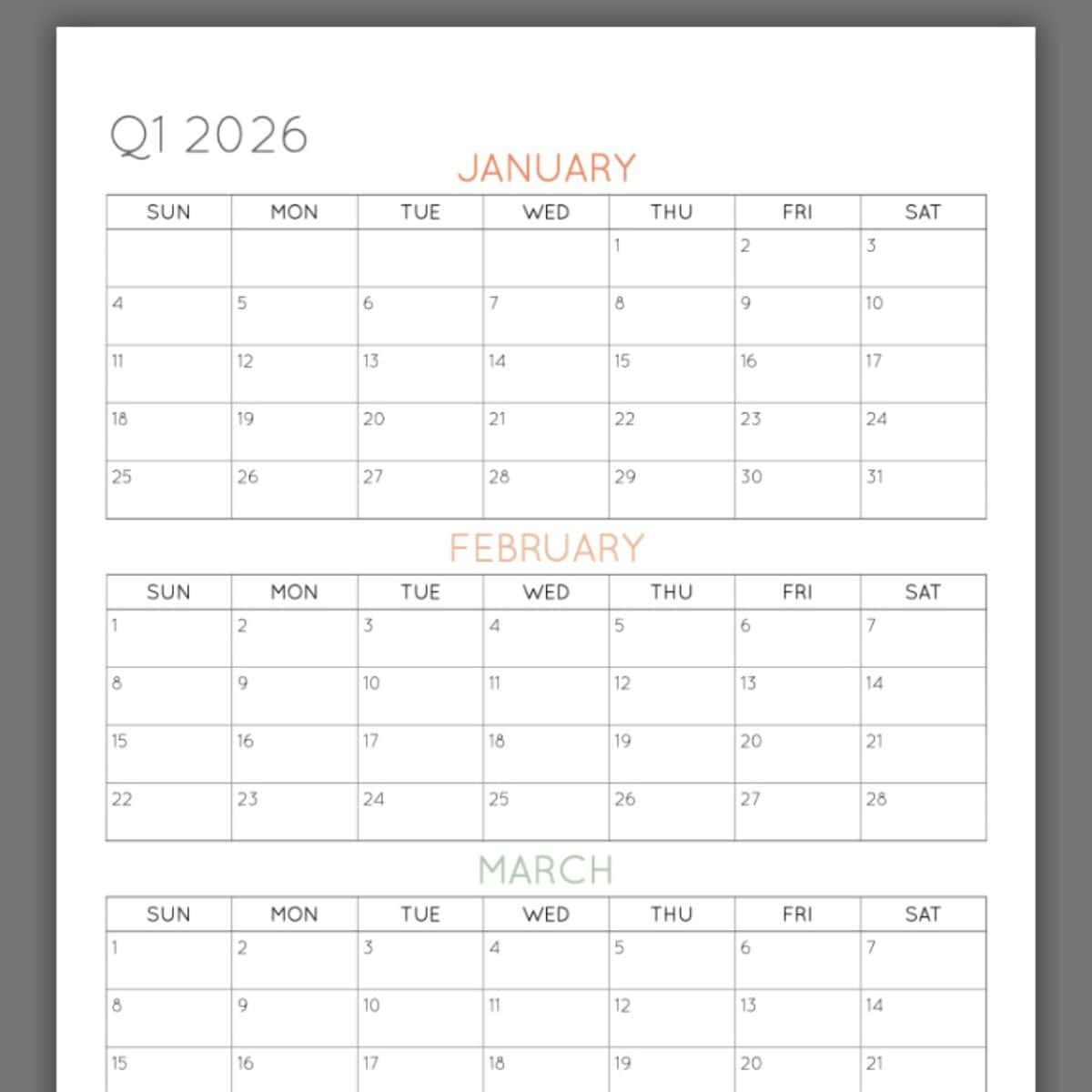 2026 3 Month Quarterly Calendar Printables FREE