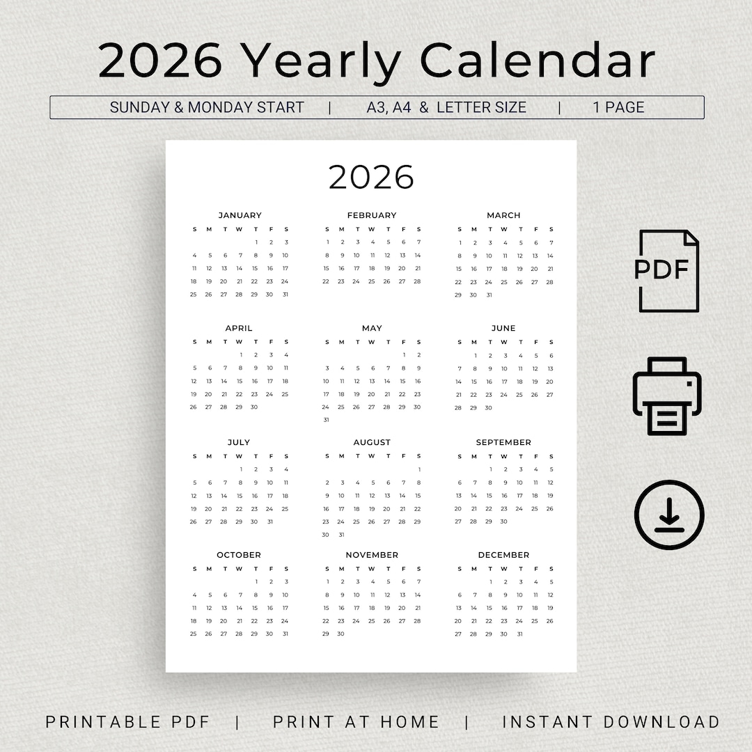 2026 Calendar 2026 Yearly Calendar Printable 2026 Wall Calendar 2026 Year At A Glance Minimalist Calendar A3 A4 Letter Monday Sunday Start Etsy 2026 Calendar 2026 Yearly Calendar Printable 2026 Wall Calendar 2026 Year At A Glance Minimalist Calendar A3 A4 Letter Monday Sunday Start Etsy